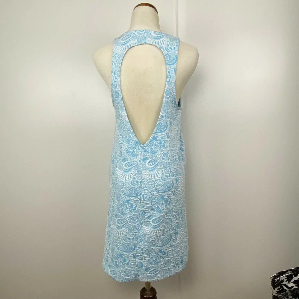 Zara Trafaluc Shift Dress Womens Medium Blue White Paisley‎ Jacquard Open Back